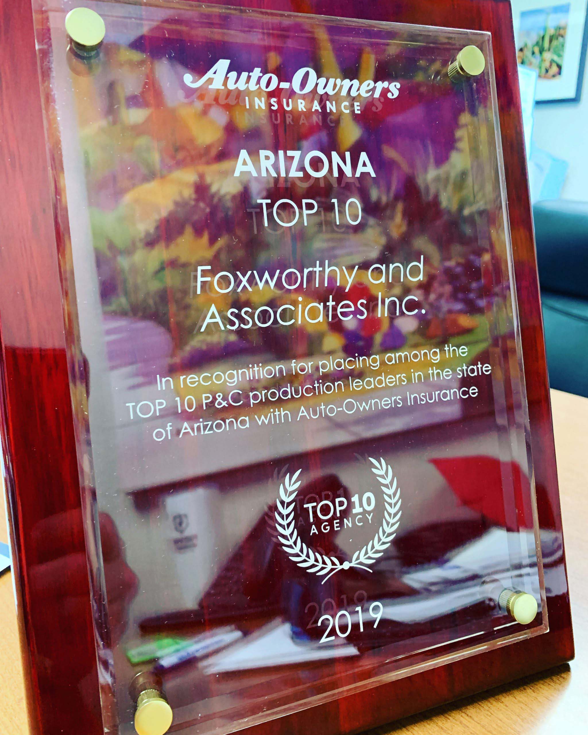 About Our Agency - Auto Owners Insurance Arizona Top 10 Agency Award for 2019