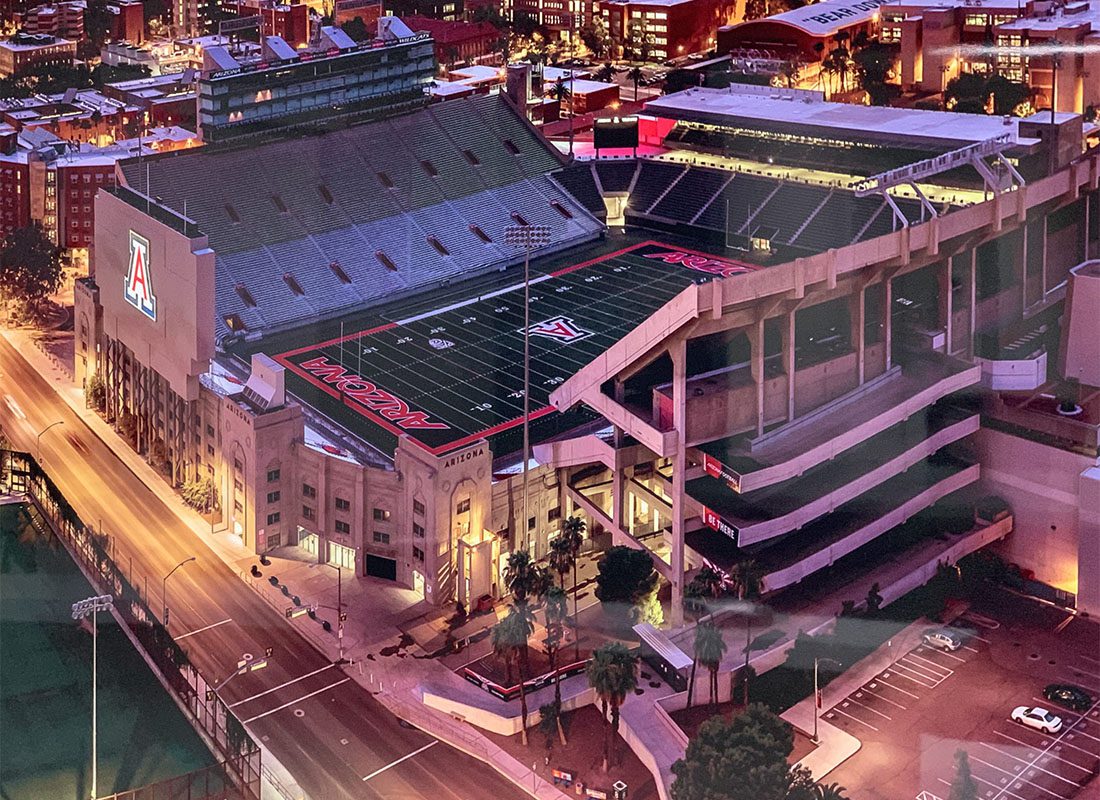 Homepage - Aerial View of the University of Arizona Wildcat Stadium at Night